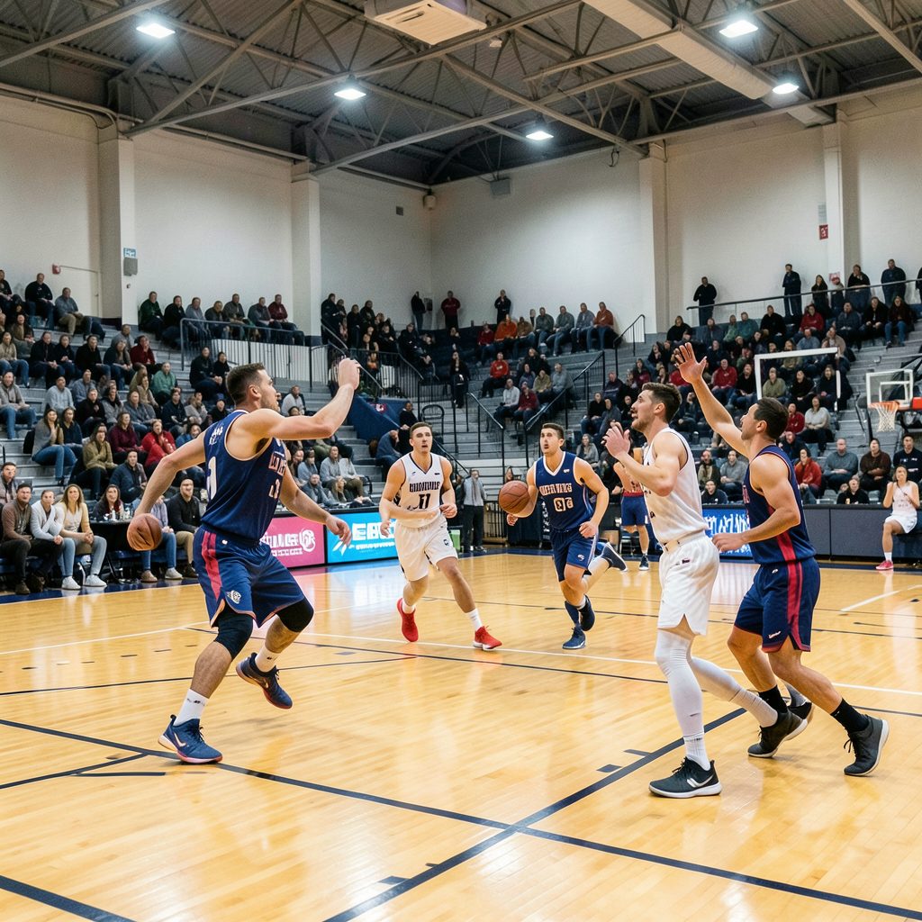 A competitive basketball game in progress on a well-lit indoor court, with players in contrasting jerseys moving dynamically and a small crowd watching from sideline bleachers.