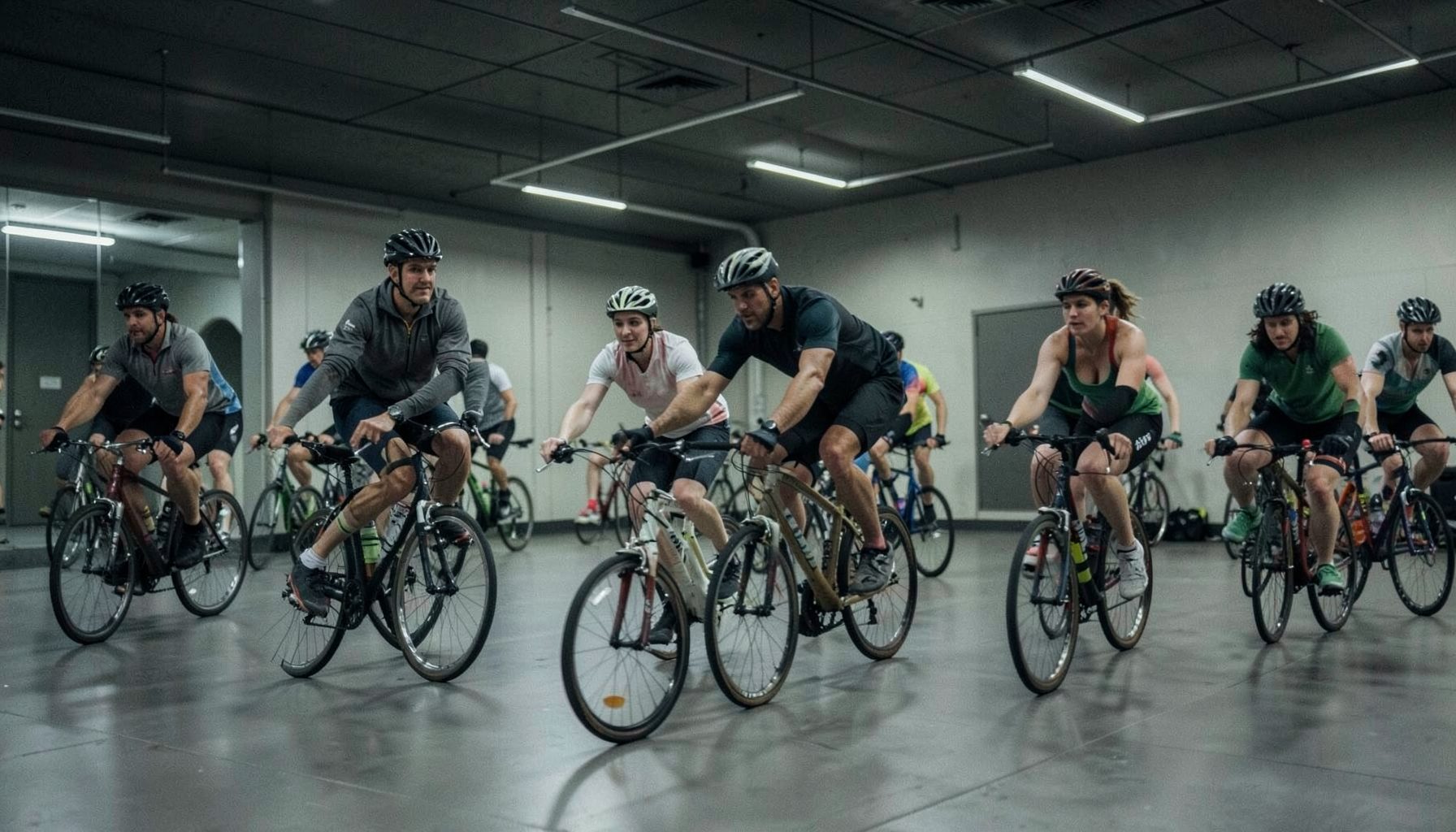 A group cycling class in motion, riders pedaling in sync under soft overhead lighting, deep grays and muted greens