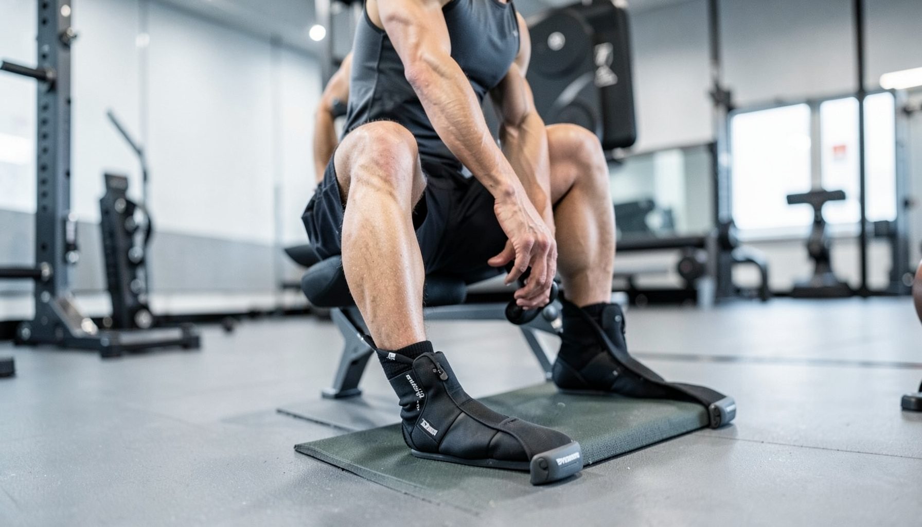 A pair of Normatec recovery boots on a seated athlete in a clean, modern training facility with muted gray and white tones.