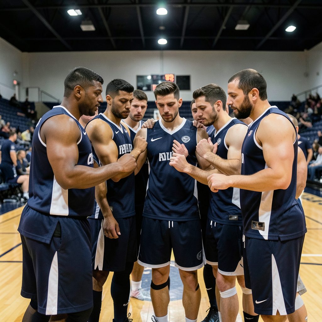 Athletes gathered in a huddle during a timeout, focused expressions under the gym lights, navy and white uniforms.