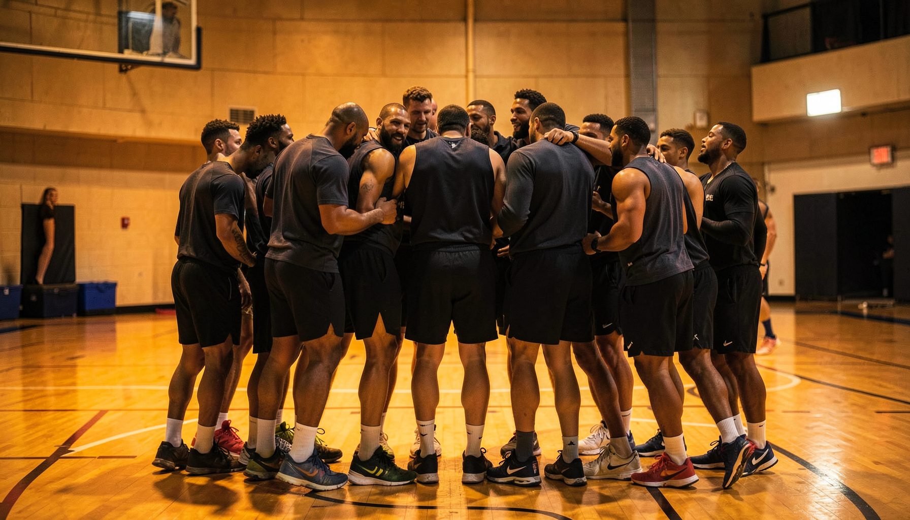 Athletes in dark athletic wear gathered in a huddle on a basketball court, warm amber light filling the space