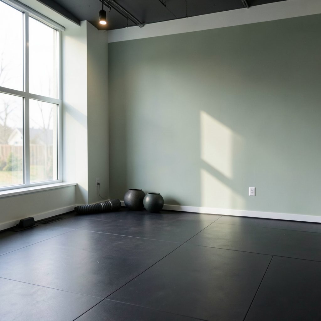 Athletic training space with dark flooring, muted sage-green accent wall, and soft natural light streaming through high windows