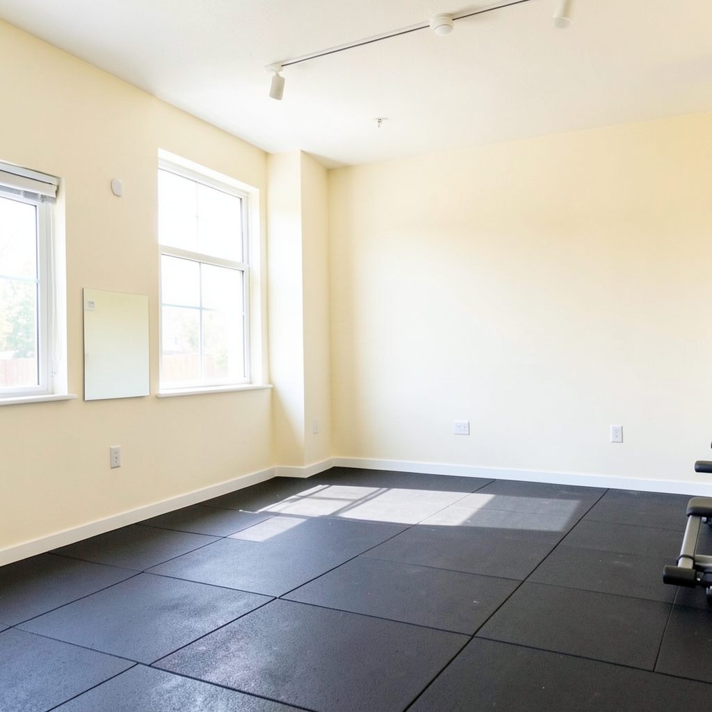 Bright, airy fitness studio interior with cream walls, dark rubber flooring, and natural light from a large window