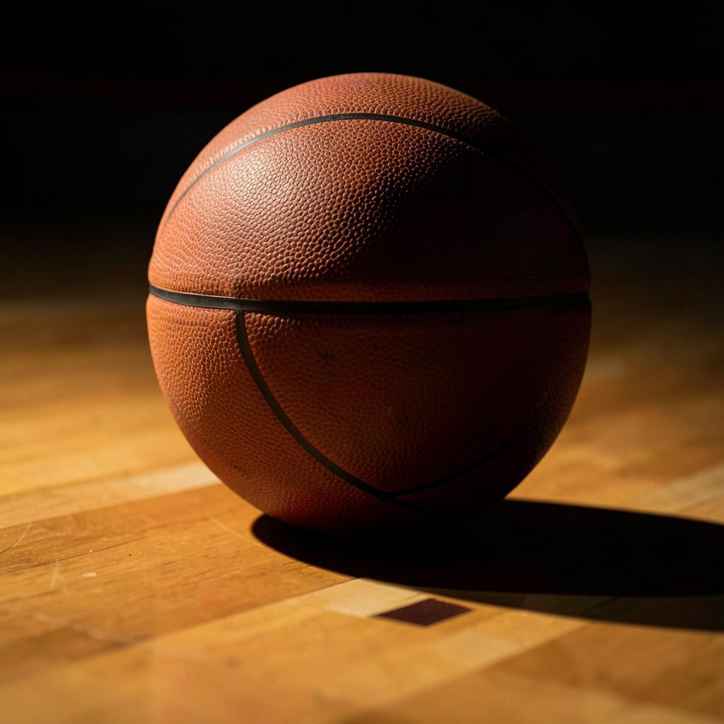 Close-up of a basketball resting on the court sideline, warm spotlight glow against deep shadow