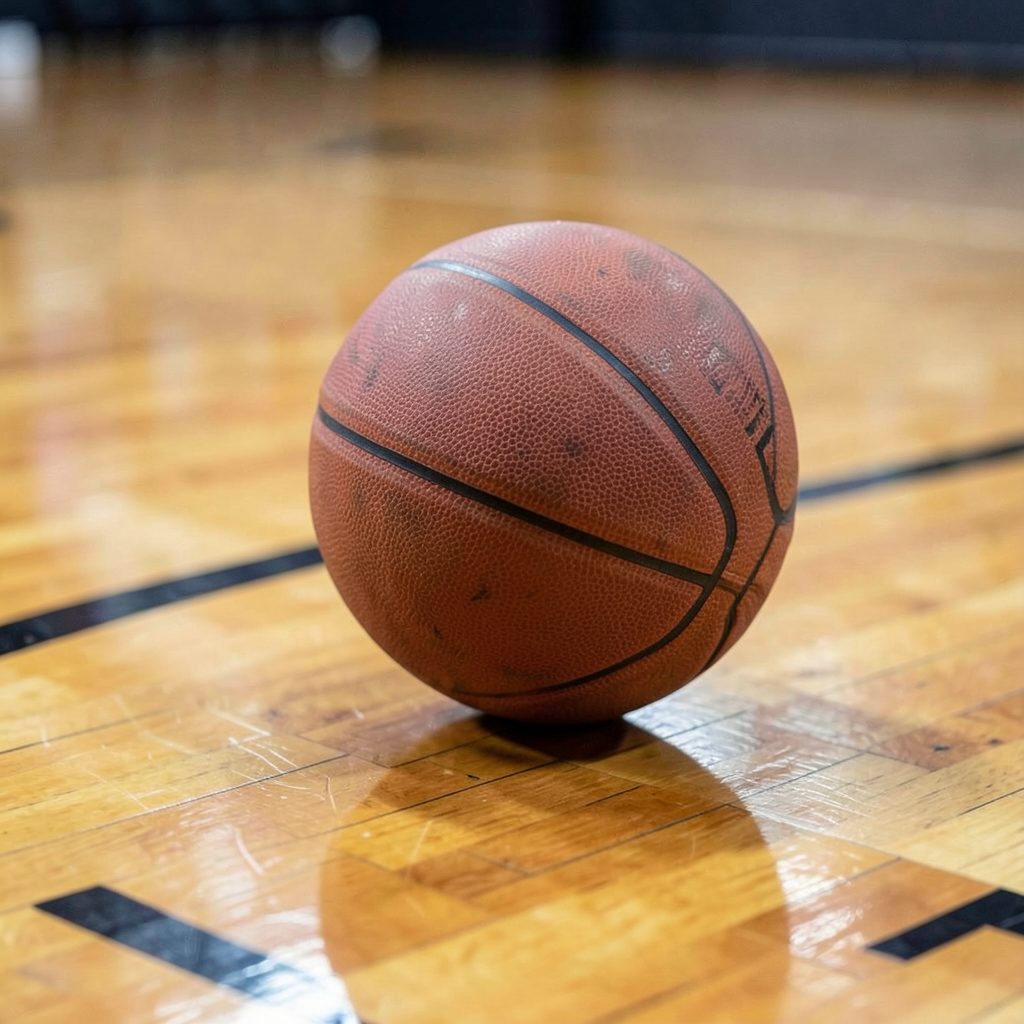 Close-up of a basketball resting on the sideline with the court stretching behind it, warm wood tones and soft reflections.