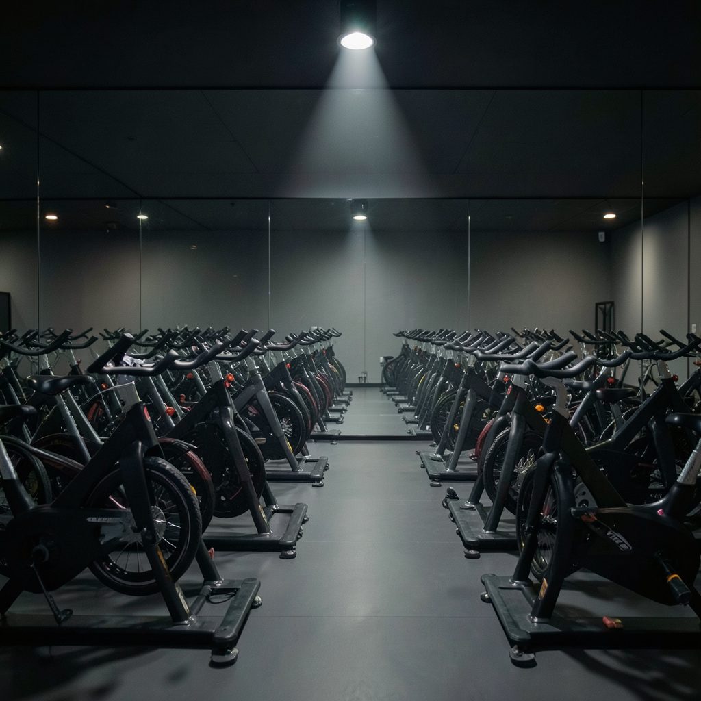 Cycle studio with rows of stationary bikes facing a mirrored wall, dim ambient lighting with a focused spotlight.