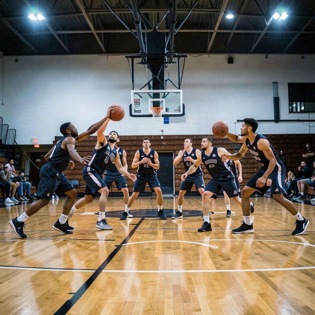 Full-court basketball action with players in dark jerseys moving across the hardwood under bright gym lighting, deep browns and cool whites dominating the scene.