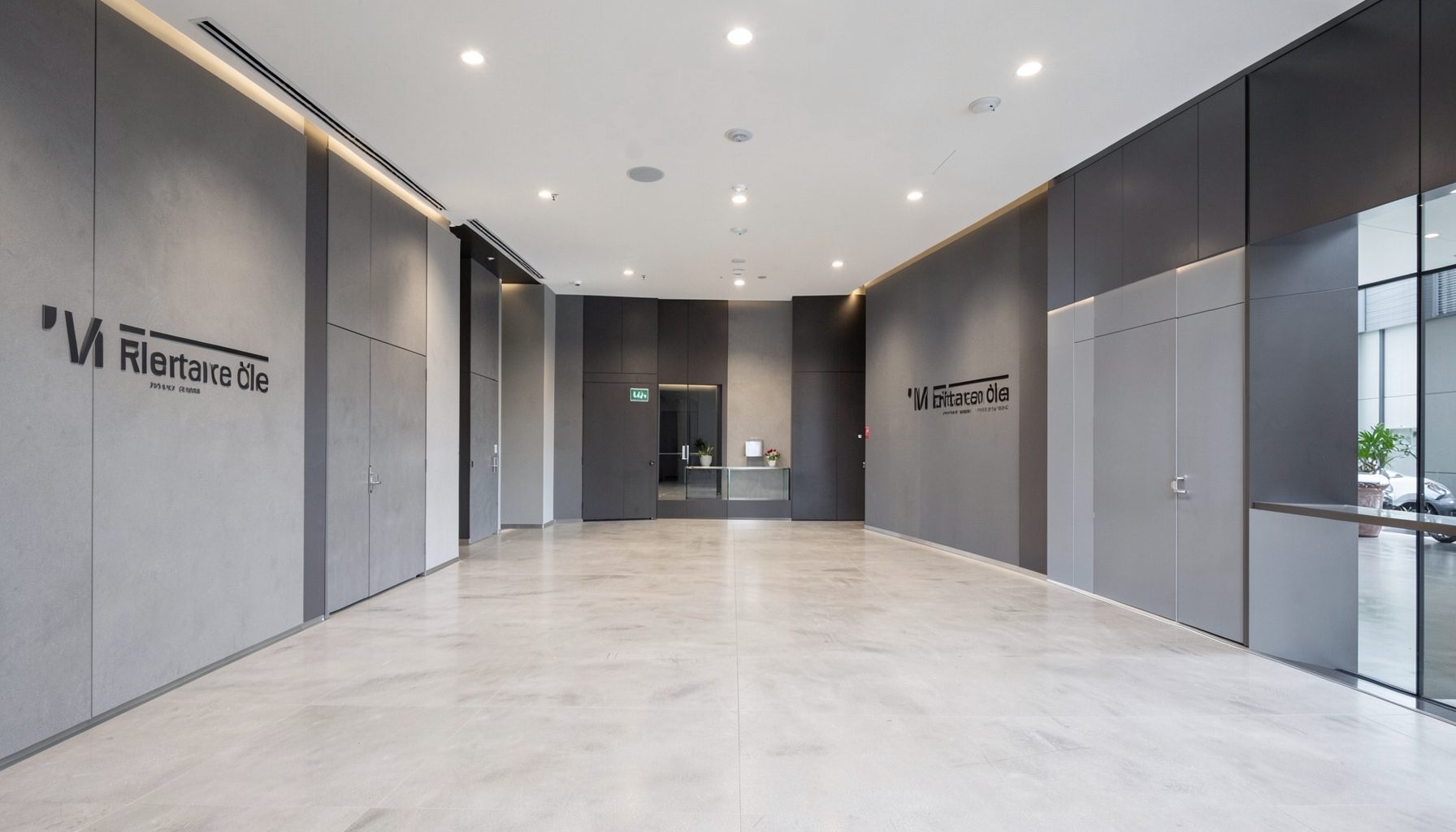 Panoramic view of the facility entrance and lobby area with branded walls, clean modern lines, and neutral gray and charcoal tones.