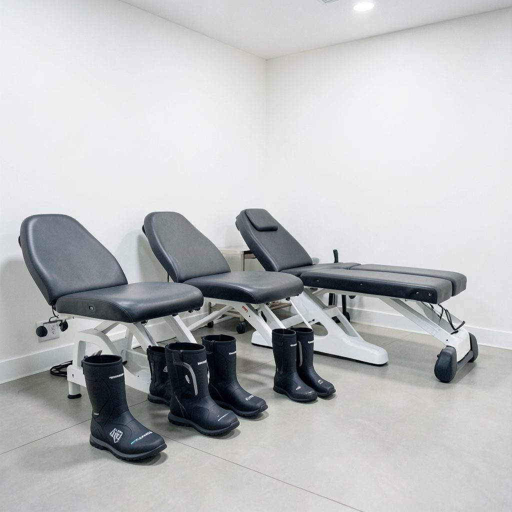 Recovery area with Normatec boots set up beside treatment chairs, calm lighting and clean white walls.