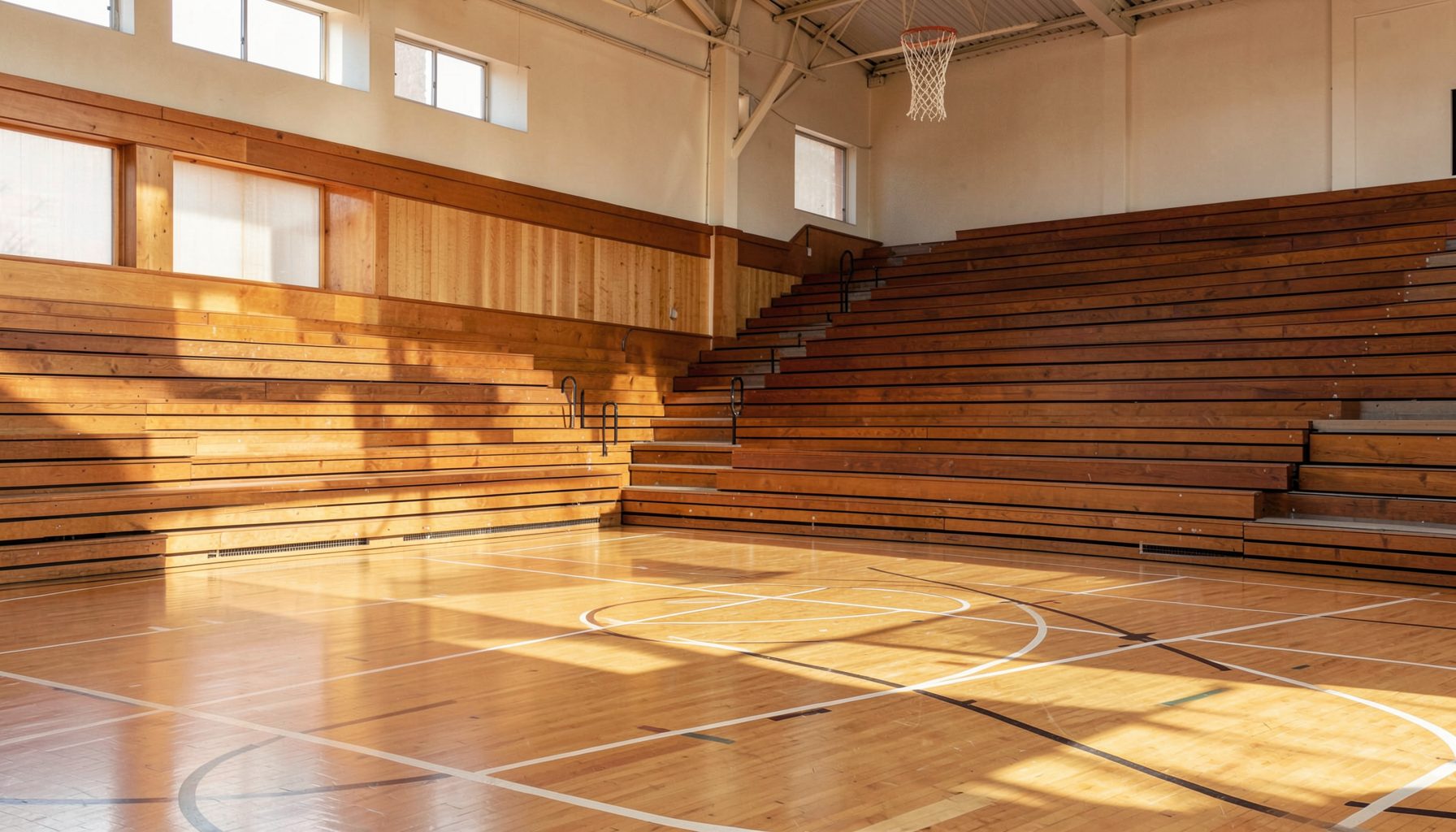 Sunlit basketball court with bleacher seating along one wall, warm wood tones and soft natural light creating an inviting atmosphere
