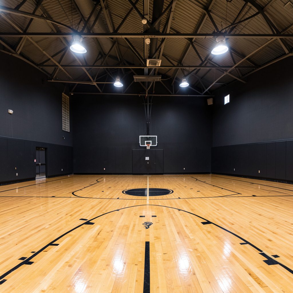 Wide-angle view of an indoor basketball court with dark painted walls, gleaming wood floor, and industrial ceiling fixtures