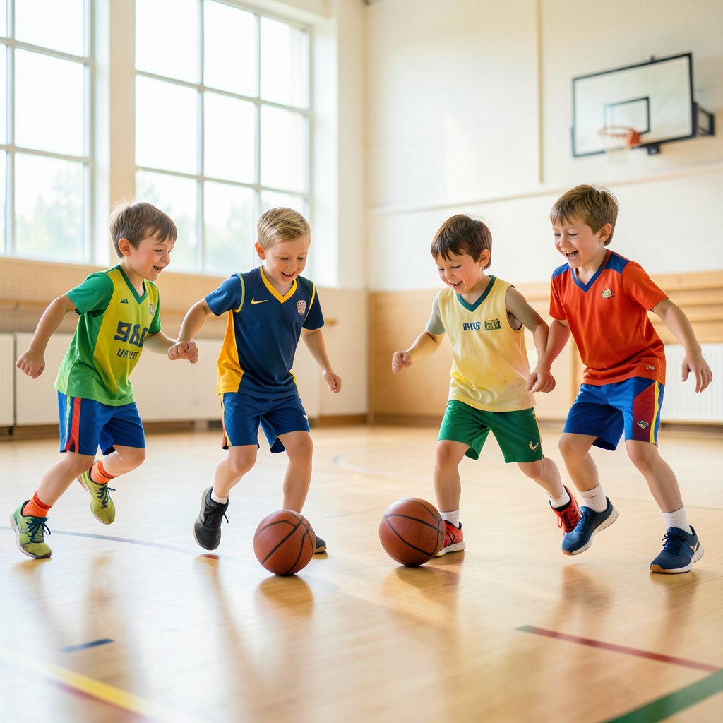 Young children in colorful athletic wear dribbling small basketballs on a bright indoor court, with cheerful energy and soft natural light streaming through high windows.