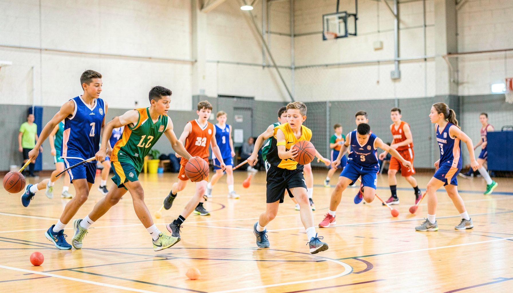 Youth basketball players dribbling during a training drill, small figures in colorful jerseys spread across the court, energetic and bright atmosphere.